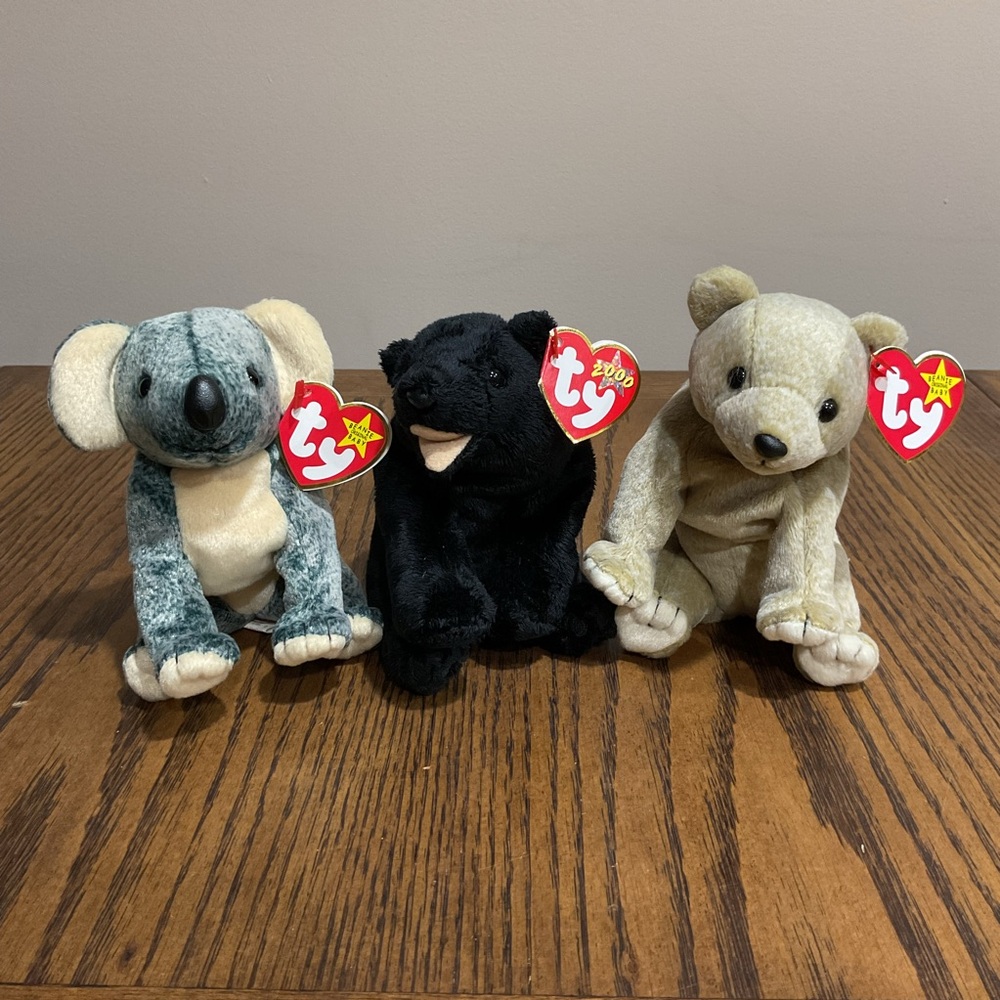 Ty Beanie Babies collectibles: Koala Eucalyptus , Panther Cinders, Bear Almond